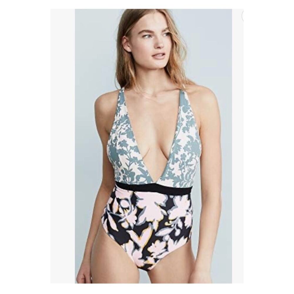 Maaji Floral Plunge One-Piece Swimsuit in Blue, Black, Pink